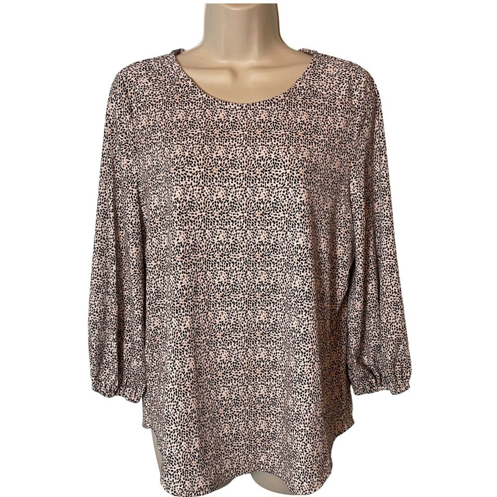 Adrianna Papell Womens Blouse Size M Keyhole Back 3/4 Sleeve Animal Print Office